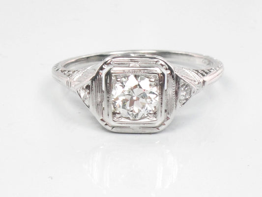 Vintage Art Deco 18k White Gold Transitional Old Mine Cut Natural Diamond Filigree Engagement Ring Size 6