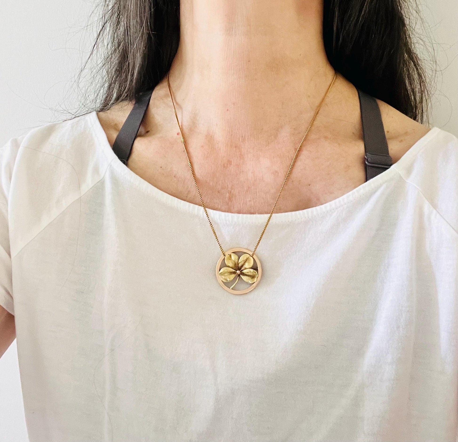 Vintage 14k Yellow Gold Four Leaf Clover Brooch: Good Luck Charm, 1950's