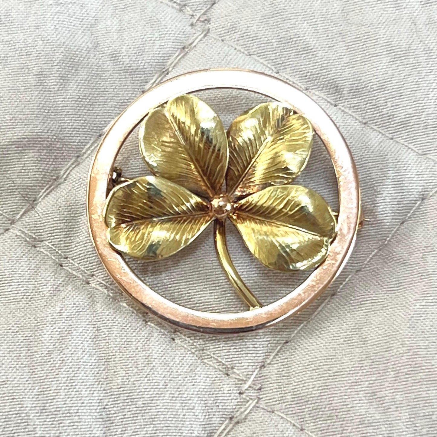 Vintage 14k Yellow Gold Four Leaf Clover Brooch: Good Luck Charm, 1950's