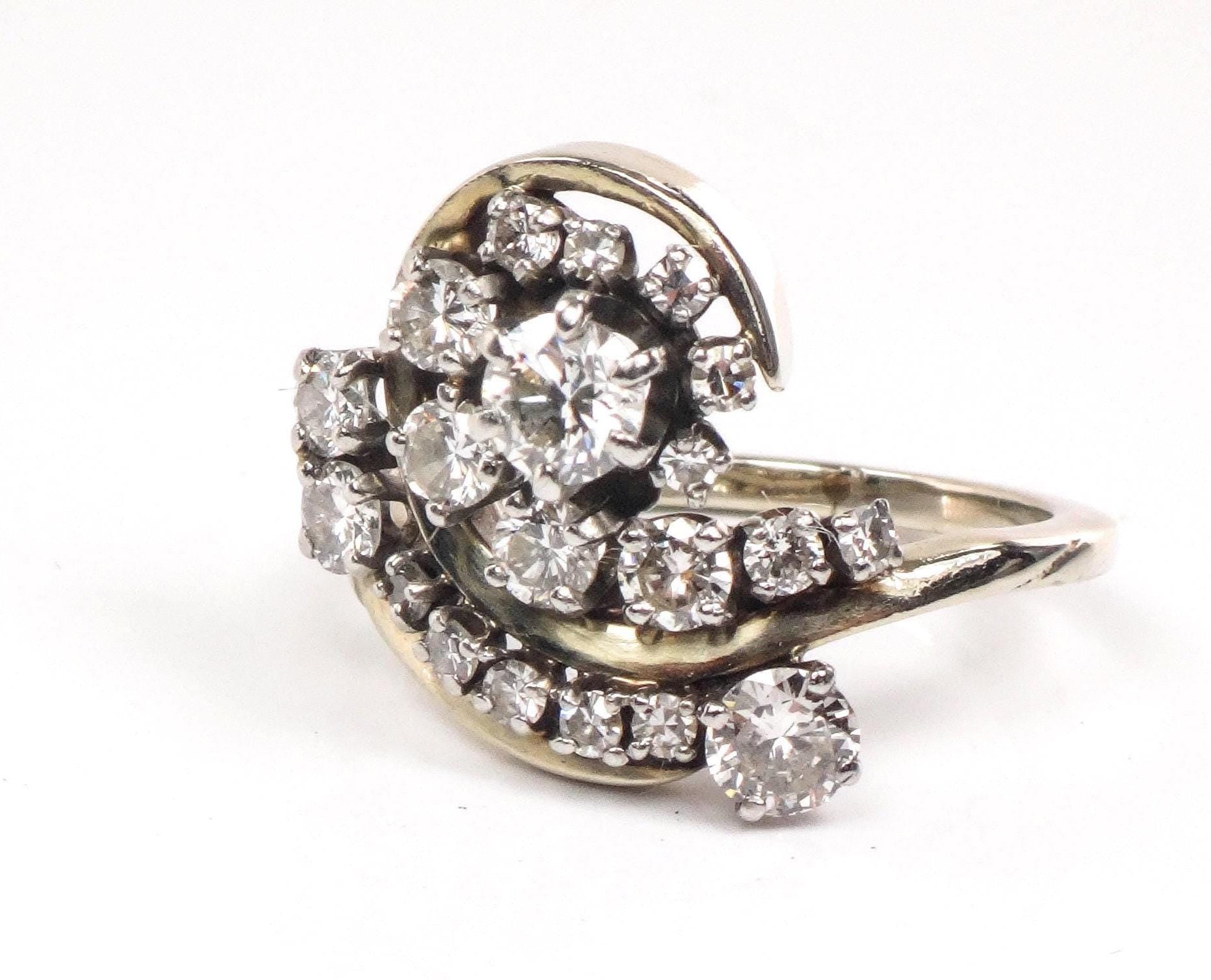 Vintage 14k White Gold Natural Diamond Swirl Ring, Cocktail Approximately 1.3 CT TDW