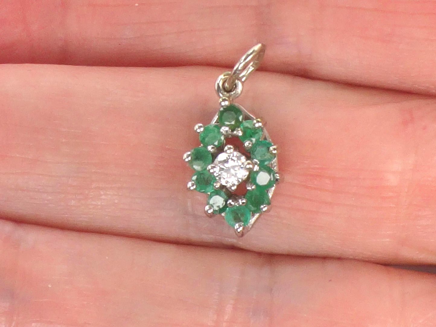 14k Diamond and Emerald Pendant - Vintage White Gold Green May Birthstone Charm - Natural Gemstones - Circa 1980's