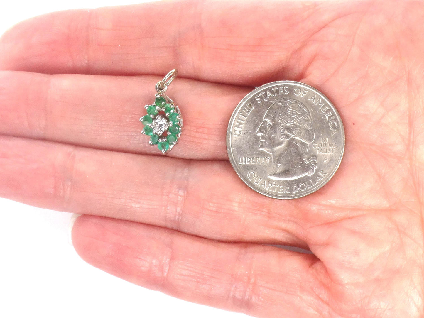 14k Diamond and Emerald Pendant - Vintage White Gold Green May Birthstone Charm - Natural Gemstones - Circa 1980's