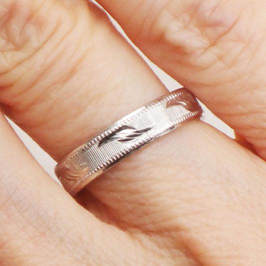 Vintage Platinum Wedding Band: Mid-Century Engraved Stacking Ring, Size 5.5