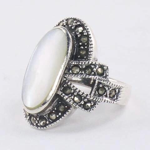 Vintage Sterling Silver Mother of Pearl Ring with Marcasite, Large MOP Ring, Size 5.75