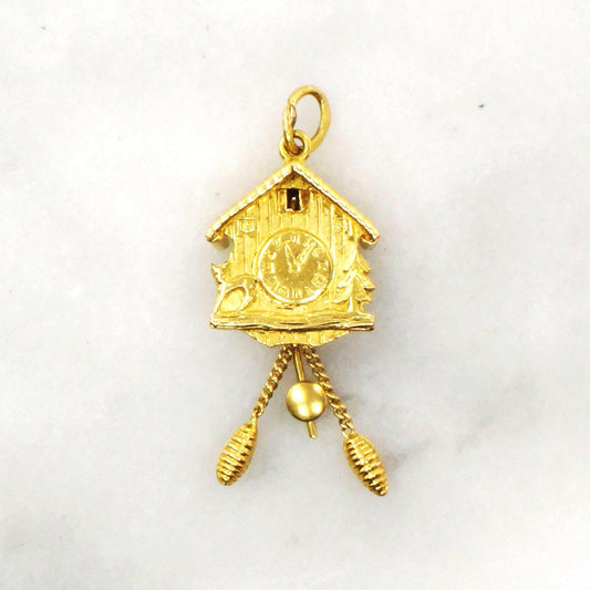 Vintage 18k Gold Cuckoo Clock Charm Pendant: Moving Pendulum, Bavaria Souvenir