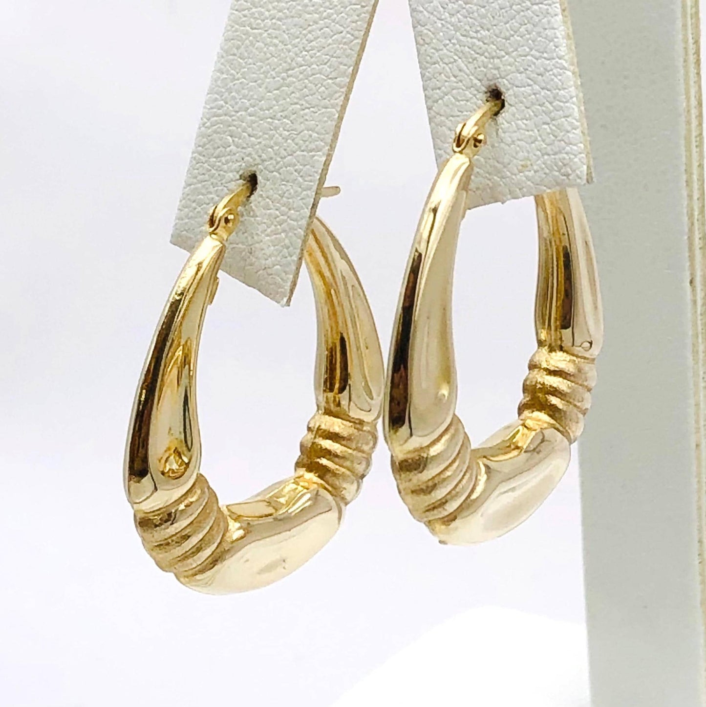 Yellow Gold Oval Hoop Earrings with Fancy Design - 14k Vintage Fine Jewelry