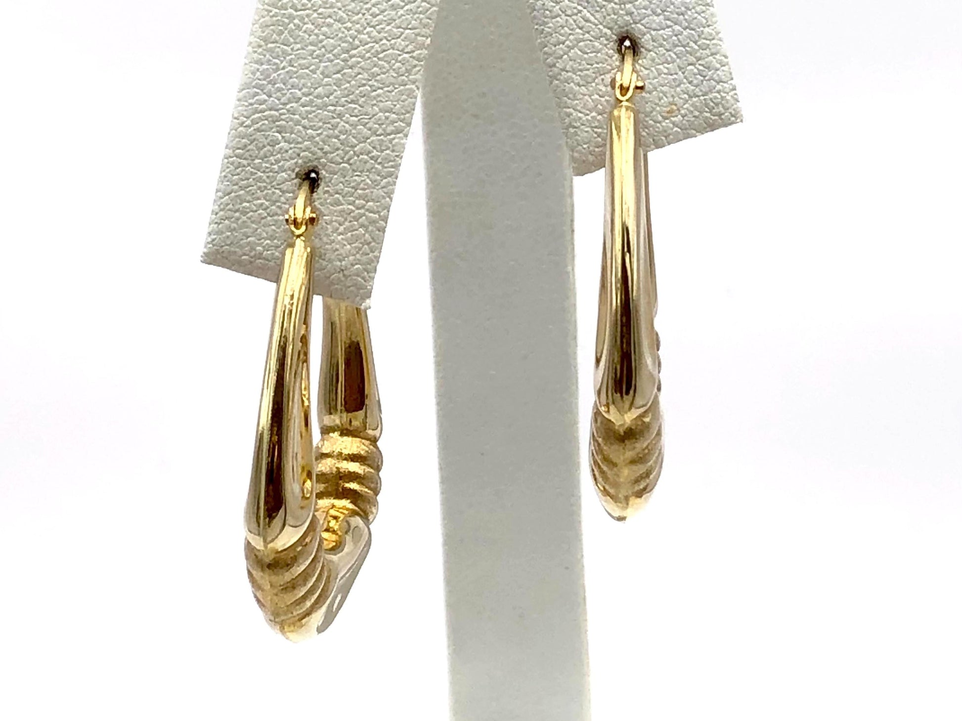 Yellow Gold Oval Hoop Earrings with Fancy Design - 14k Vintage Fine Jewelry