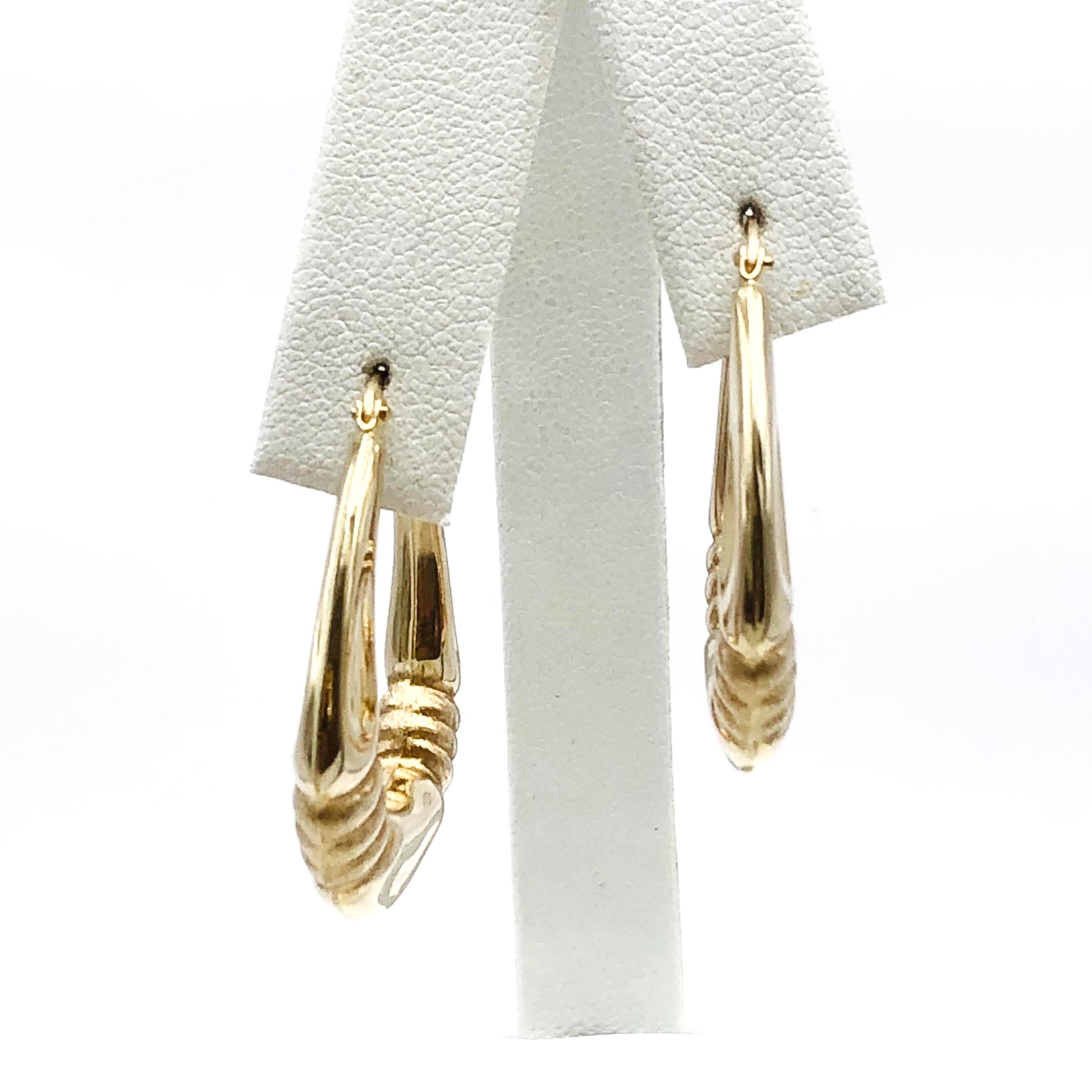 Yellow Gold Oval Hoop Earrings with Fancy Design - 14k Vintage Fine Jewelry