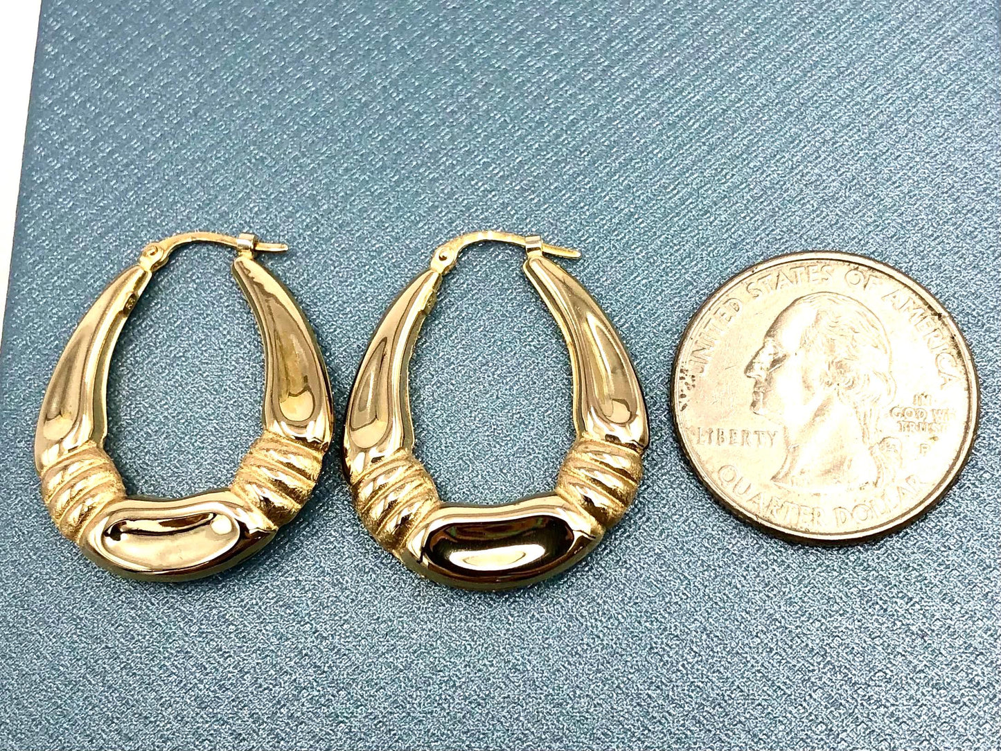 Yellow Gold Oval Hoop Earrings with Fancy Design - 14k Vintage Fine Jewelry