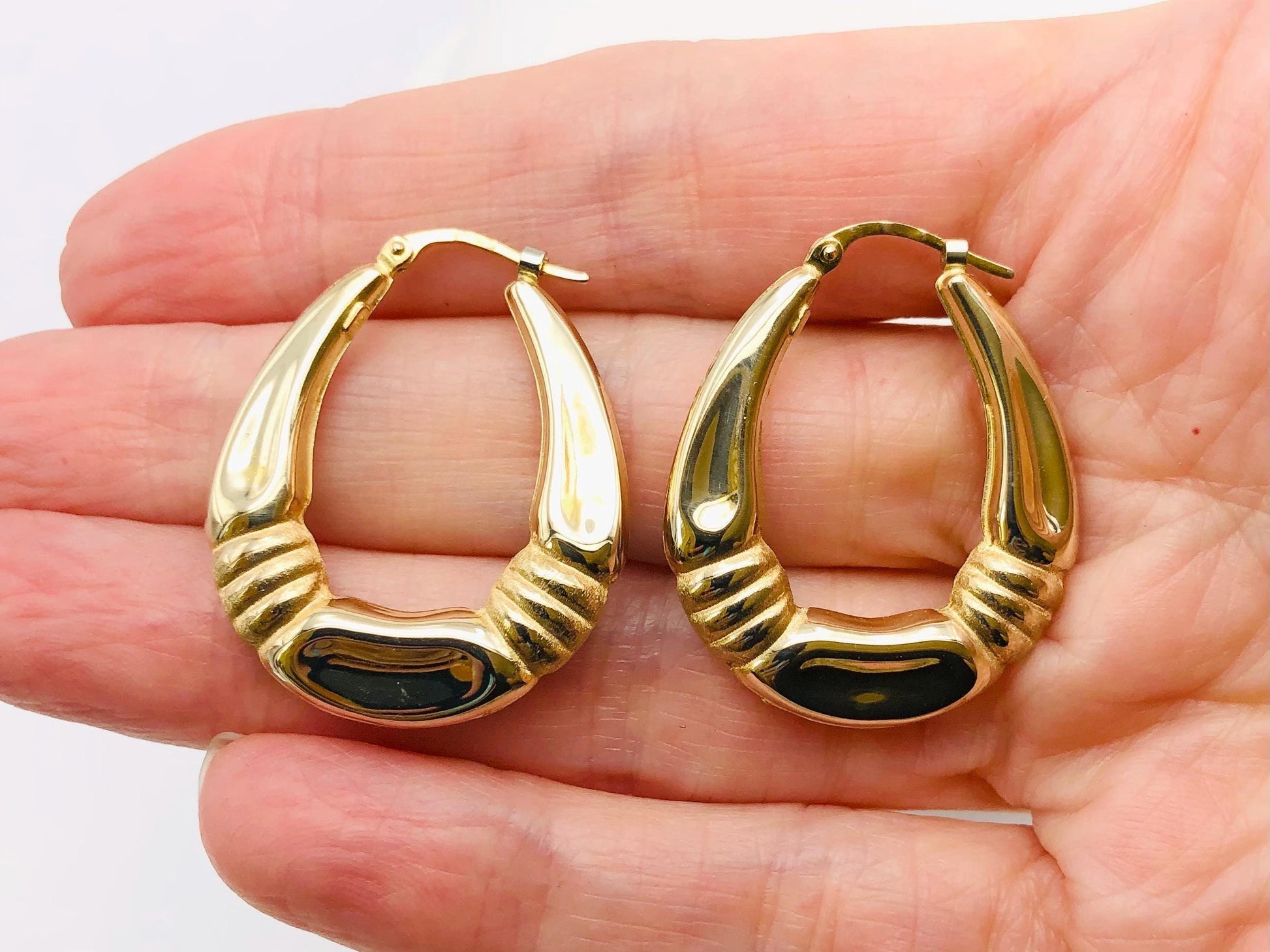 Yellow Gold Oval Hoop Earrings with Fancy Design - 14k Vintage Fine Jewelry