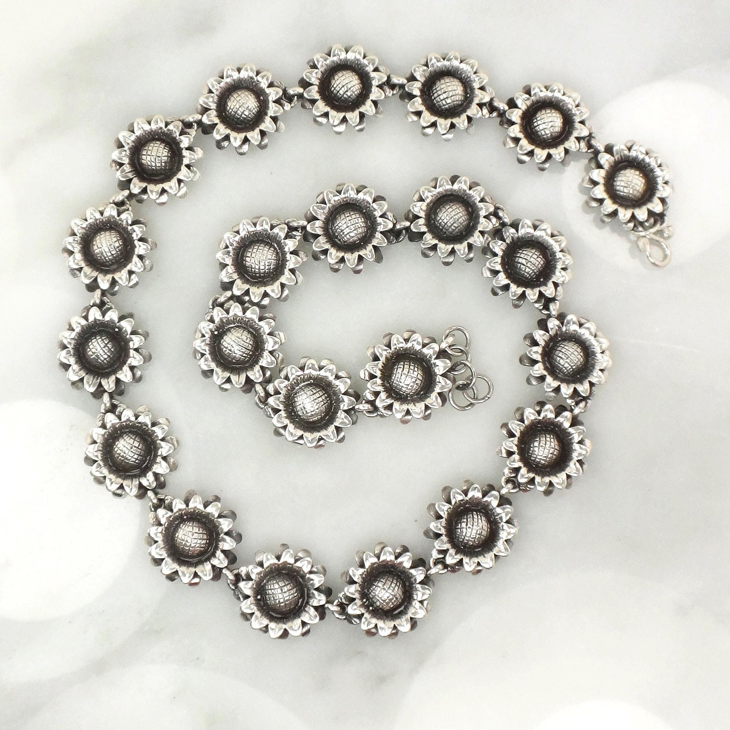 Silver Sunflower Necklace - Vintage Bold Floral Heavy Sterling Jewelry - 19"