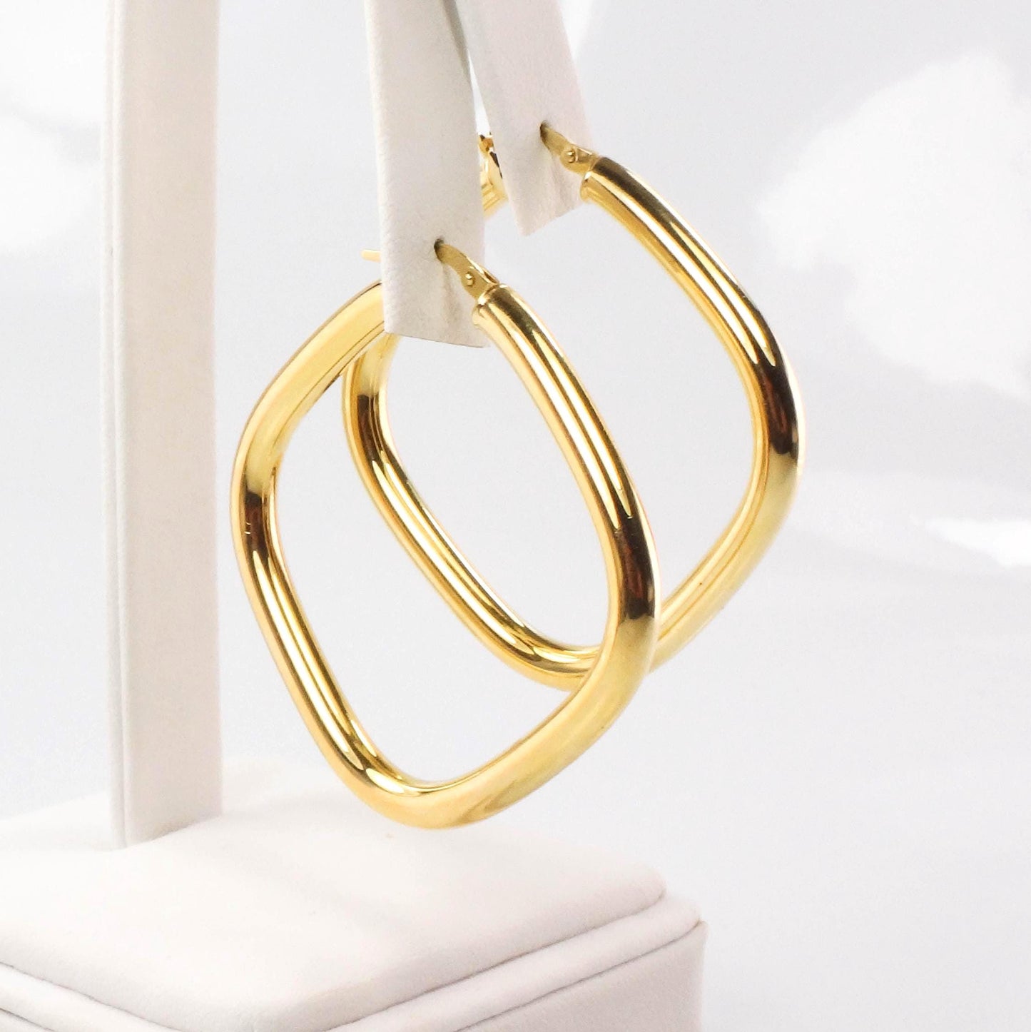 Large Gold Hoop Earrings - Vintage Italian 18k Yellow Hoops with Rounded Square Shape 1.25" 3.8 MM
