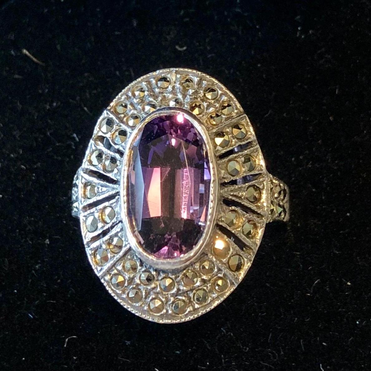 Sterling Silver Amethyst Ring with Marcasite - Vintage Purple February Birthstone Ring - Size 7