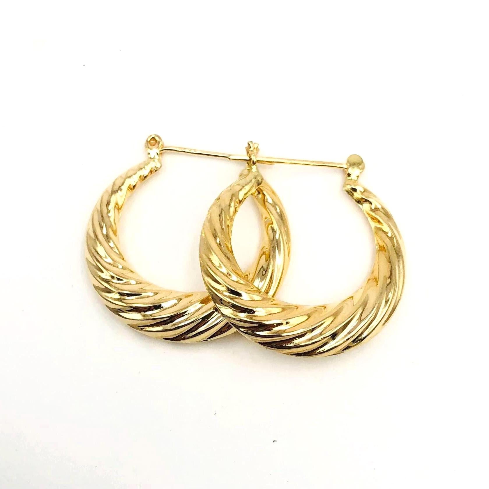 14k Hoop Earrings - Vintage Yellow Gold Twist Style for Everyday - 15/16"