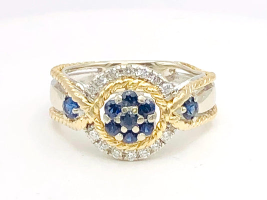 Vintage 18k Two-Tone Gold Sapphire Diamond Ring: September Birthstone, Size 7
