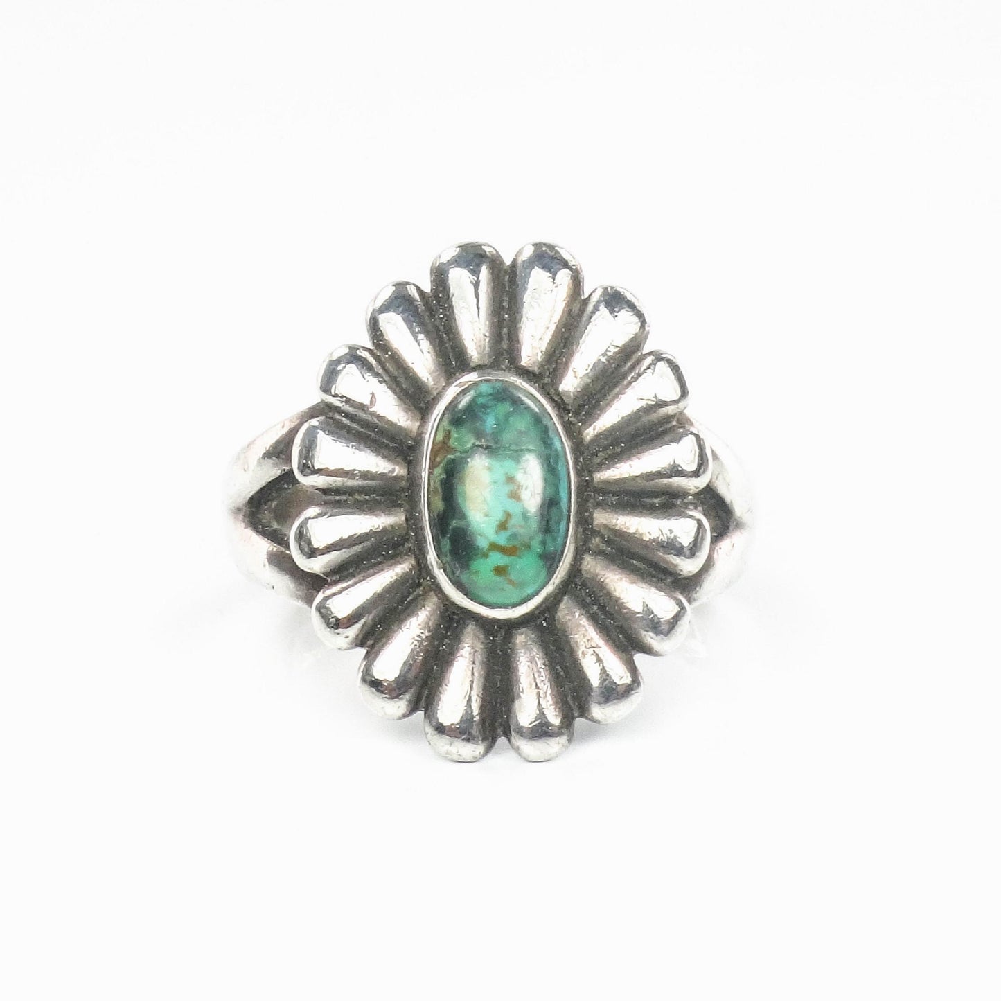 Vintage Sterling Silver Green Turquoise Flower Ring with Native American Style
