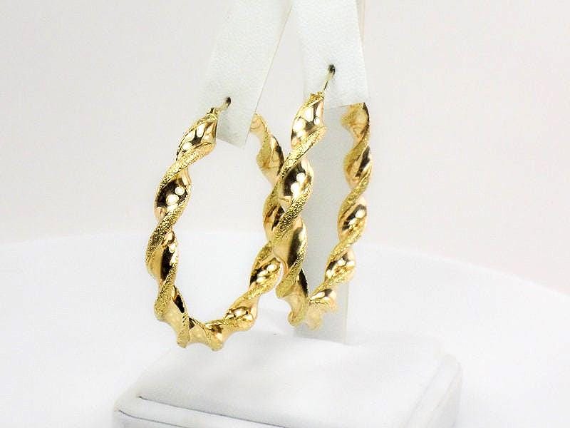 Large 14k Hoop Earrings with Fancy Twist Design - Vintage 14k Yellow Gold 1.75" Round Shape - Fine Jewelry