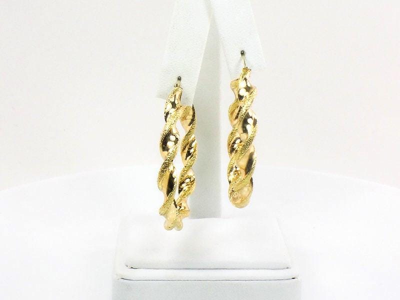 Large 14k Hoop Earrings with Fancy Twist Design - Vintage 14k Yellow Gold 1.75" Round Shape - Fine Jewelry