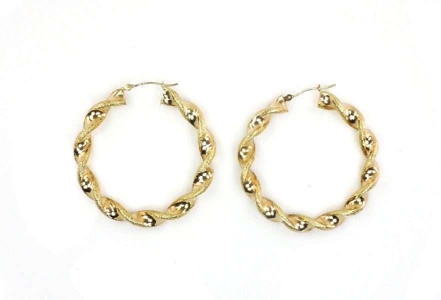 Large 14k Hoop Earrings with Fancy Twist Design - Vintage 14k Yellow Gold 1.75" Round Shape - Fine Jewelry