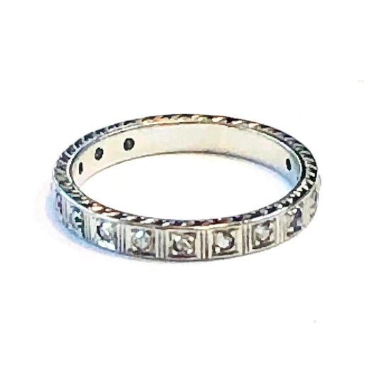 Art Deco Diamond Eternity Band - Platinum Engraved Wedding Ring, 1930s Size 5.25