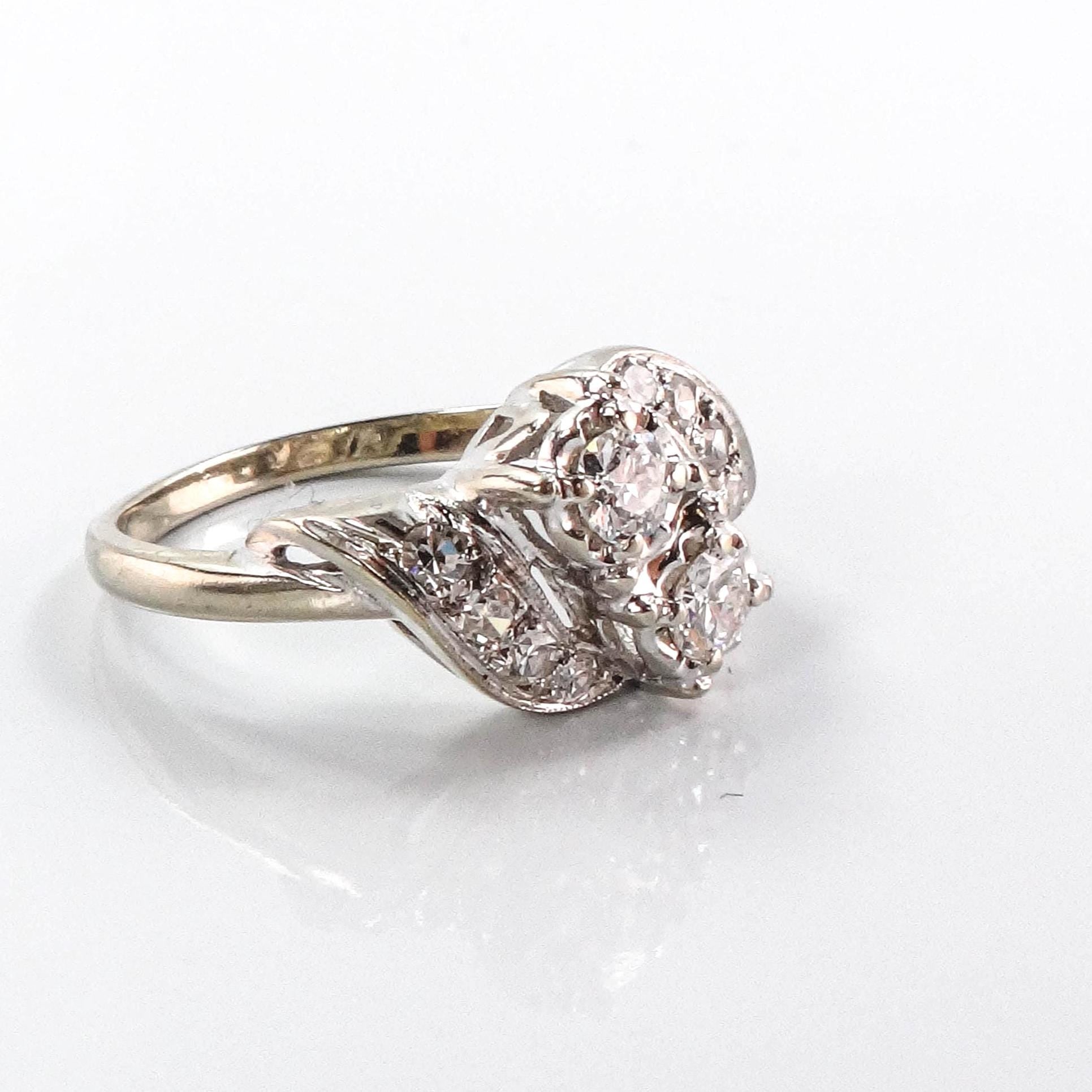 Vintage Toi et Moi Diamond Ring: 14k White Gold, 0.75 Carat, Size 6, 1960s