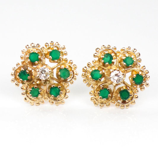 Vintage 14k Yellow Gold Emerald Diamond Floral Stud Earrings