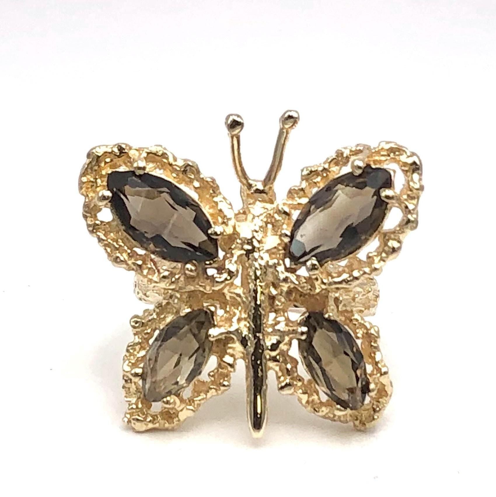 Vintage Large 14k Yellow Gold Smoky Quartz Butterfly Ring, Size 6.75
