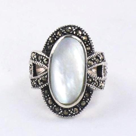 Vintage Sterling Silver Mother of Pearl Ring with Marcasite, Large MOP Ring, Size 5.75