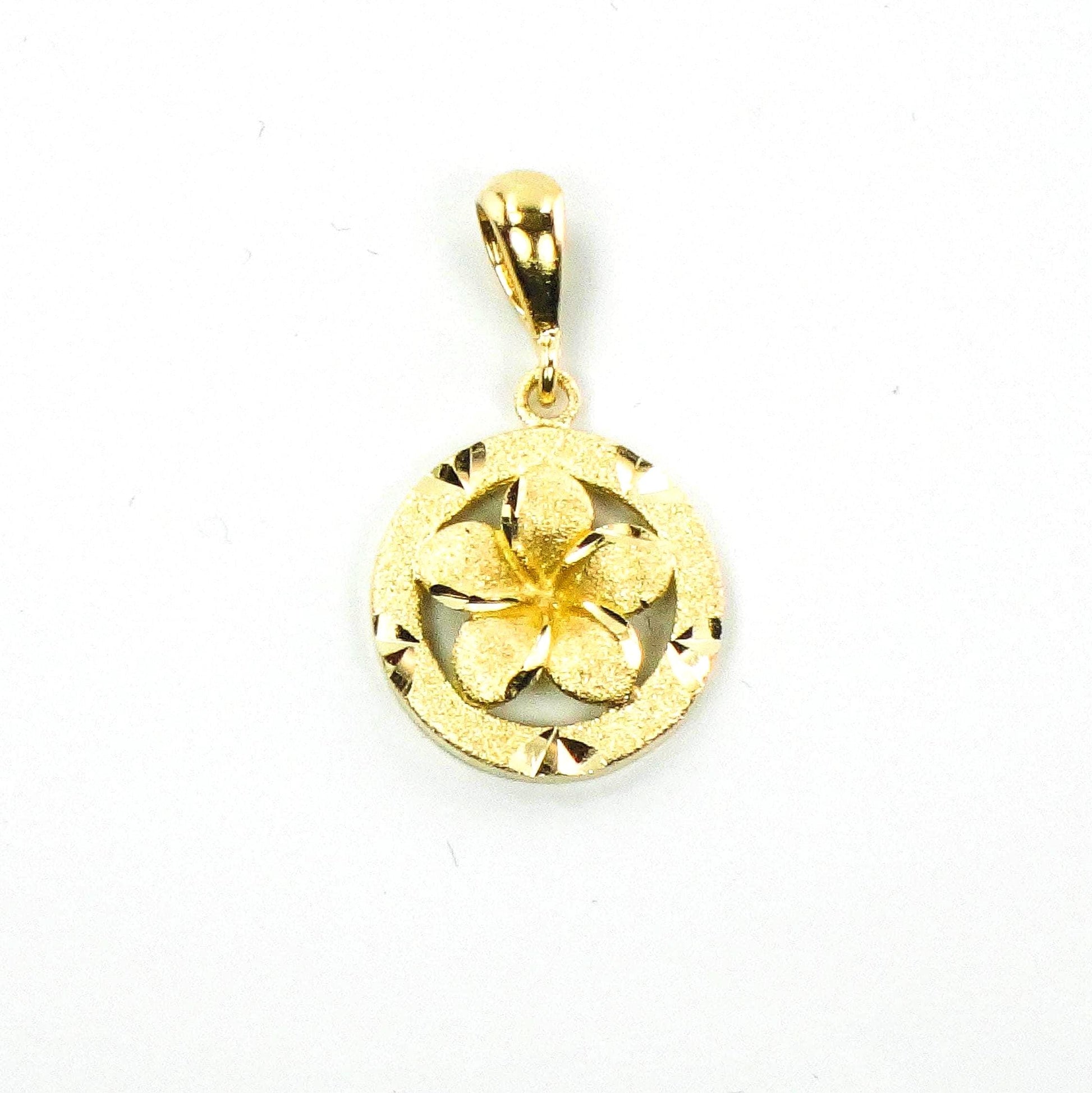 Vintage 14k Yellow Gold Round Floral Pendant, Plumeria Flower Charm
