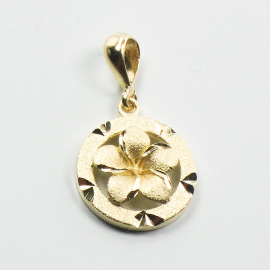 Vintage 14k Yellow Gold Round Floral Pendant, Plumeria Flower Charm