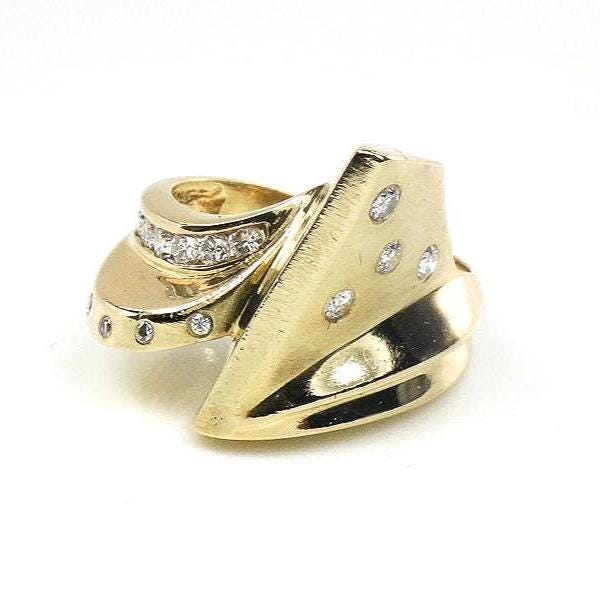 Vintage 14k Yellow Gold Diamond Ring: Modern Asymmetrical Design, Size 7.5