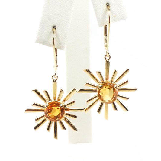 Vintage Citrine Sunburst Dangle Earrings: 18k & 14k Gold November Birthstone