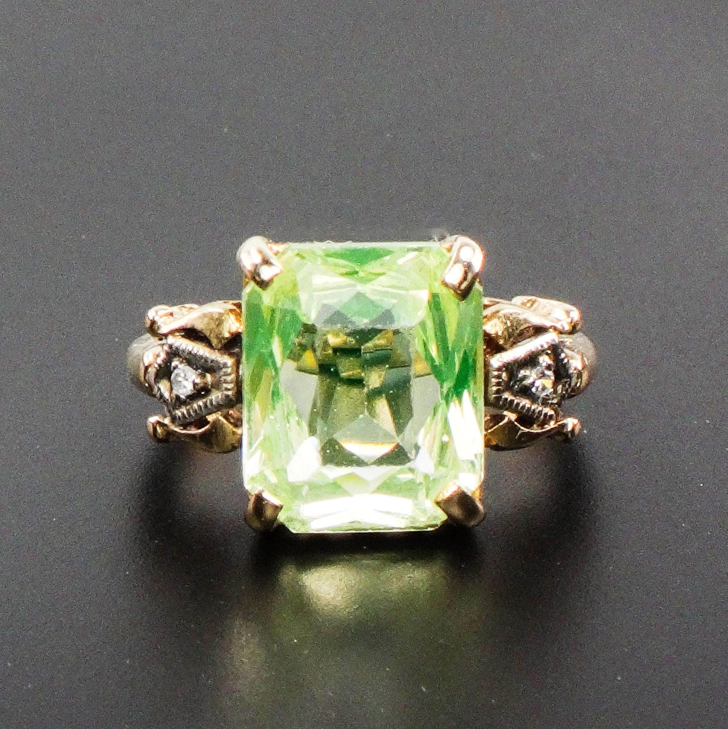 Vintage 14k Gold Green Spinel and Diamond Ring, Green Rectangle Cut August Birthstone Ring, Size 6