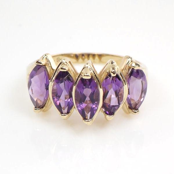 10k Yellow Gold Marquise Natural Amethyst Ring, Vintage Purple February Birthstone Ring, Size 9