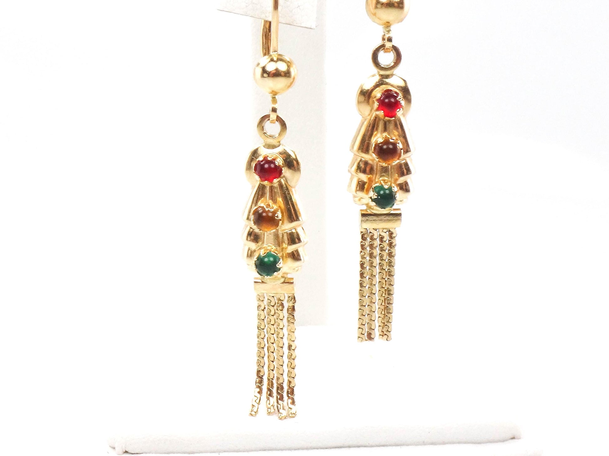 Vintage 14k Yellow Gold Fringe Earrings: Boho Multi-Color Glass Dangles