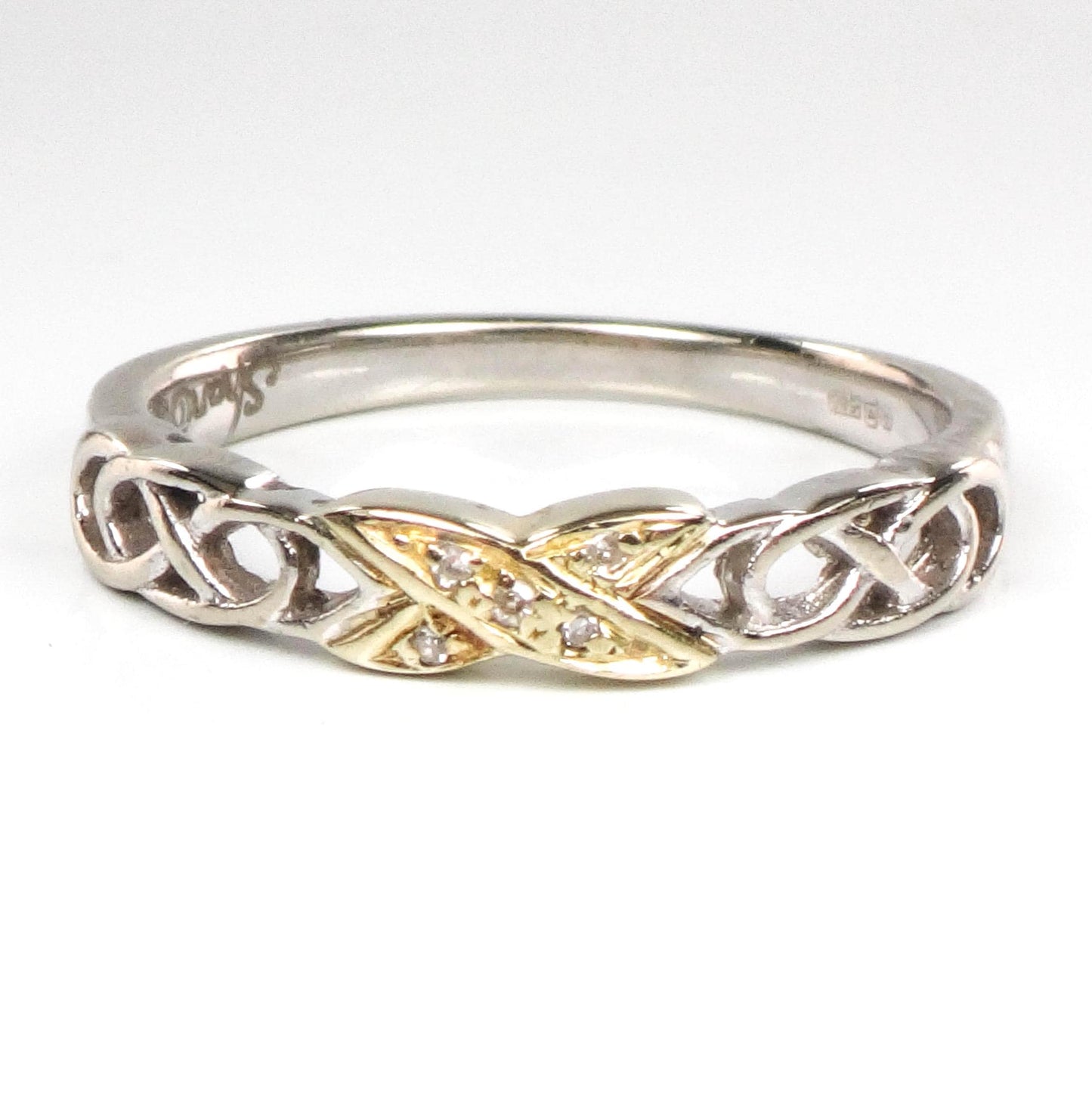 Two Tone Gold Diamond Wedding Band - Vintage Solid 14k Thin Irish Celtic Design Ring Size 7 - Fine Jewelry
