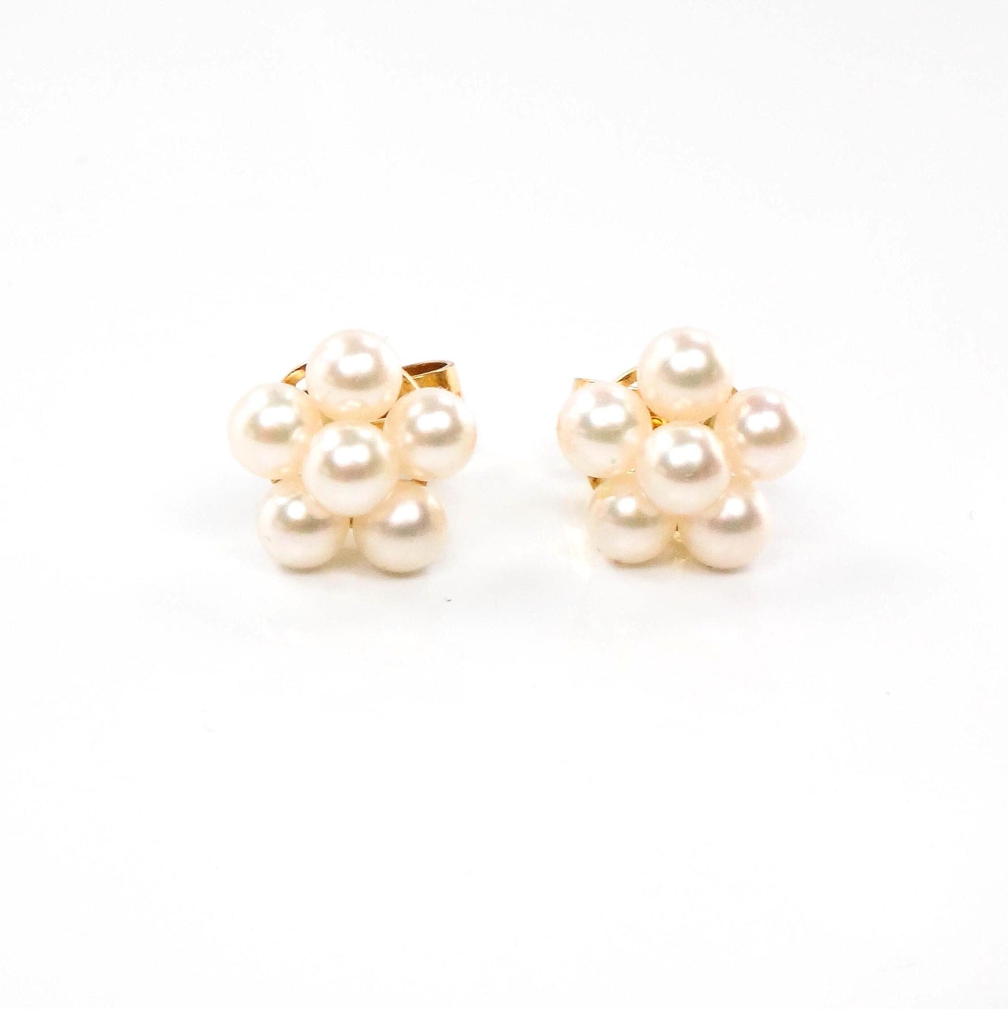 Vintage 14k Yellow Gold Cultured Pearl Daisy Stud Earrings, White Pearl Cluster Earrings, June Birthstone Bridal Earrings