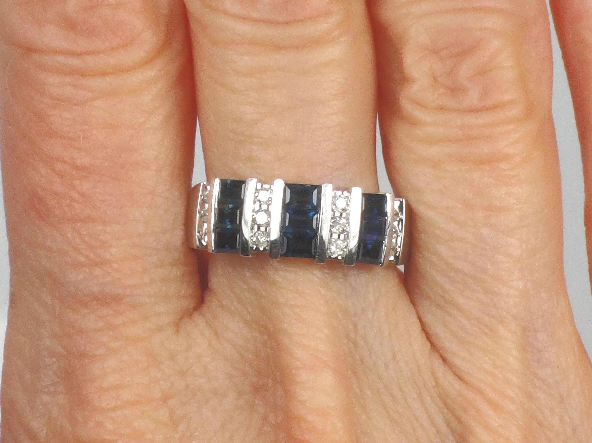 Vintage 14k White Gold Sapphire Diamond Ring: September Birthstone Wedding Band, Size 7.25