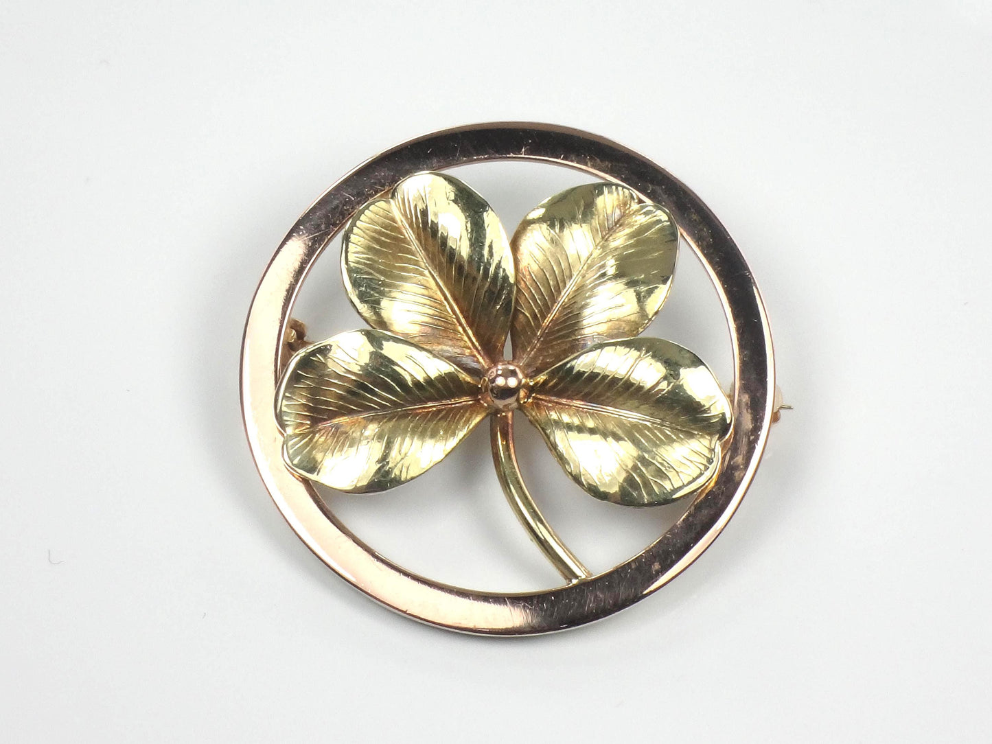 Vintage 14k Yellow Gold Four Leaf Clover Brooch: Good Luck Charm, 1950's