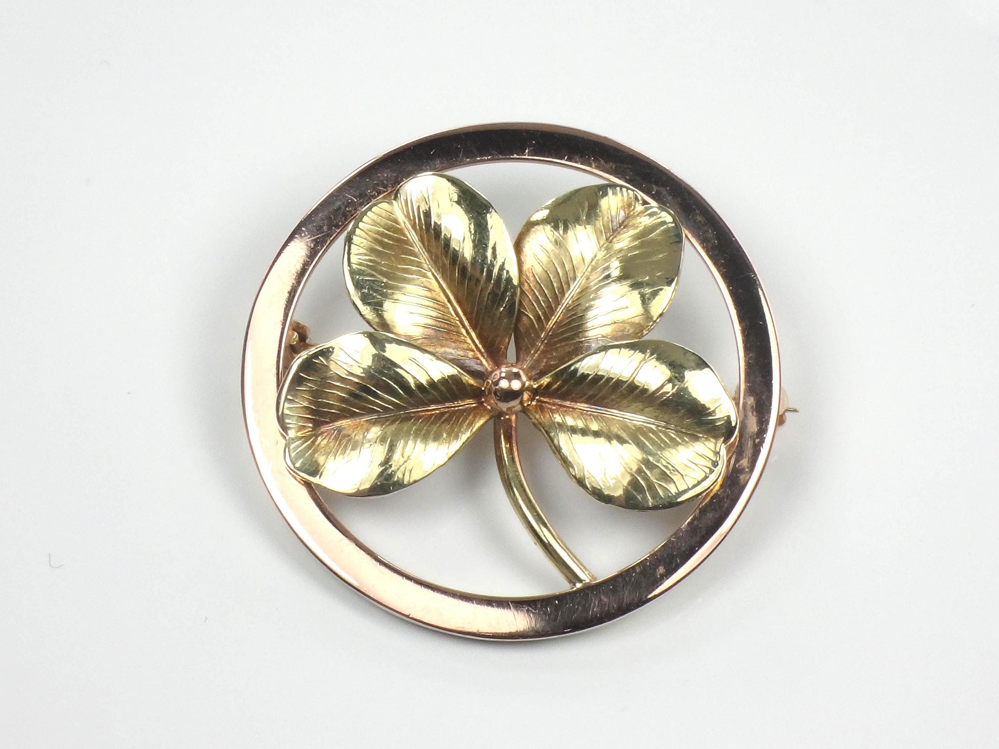 Vintage 14k Yellow Gold Four Leaf Clover Brooch: Good Luck Charm, 1950's