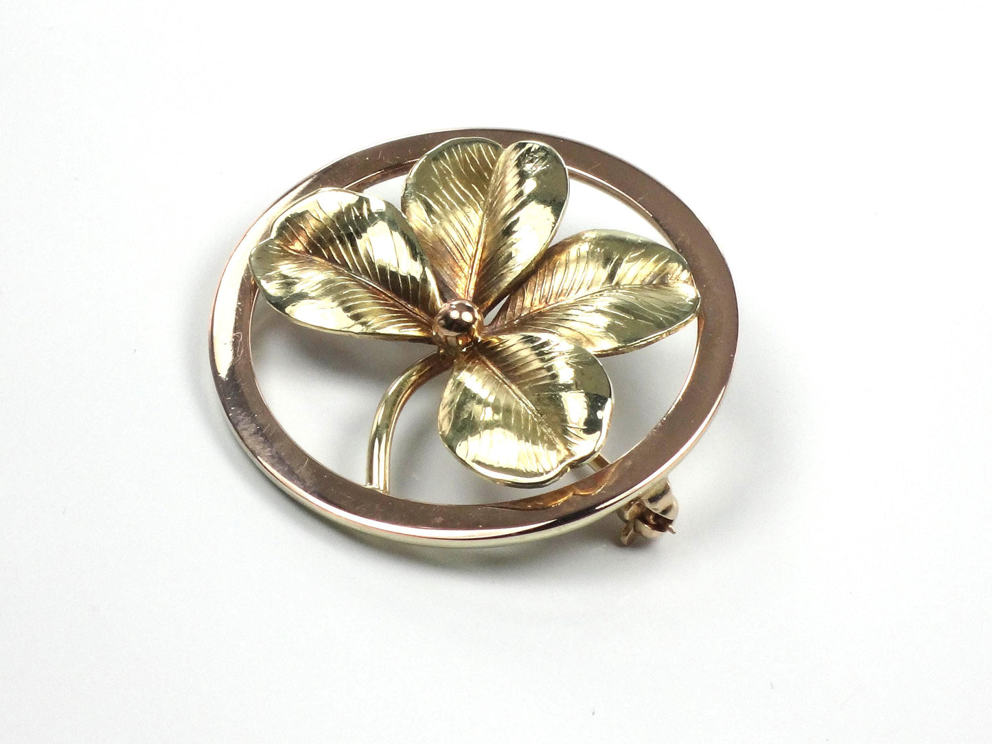 Vintage 14k Yellow Gold Four Leaf Clover Brooch: Good Luck Charm, 1950's