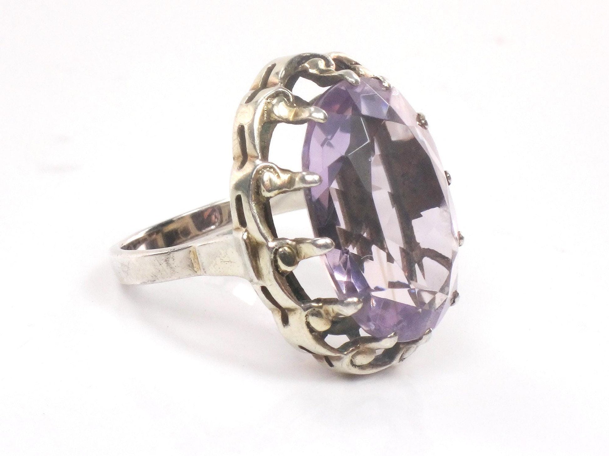 Vintage 800 Silver Amethyst Ring - Oval Cut, Size 4.75 - 1960s