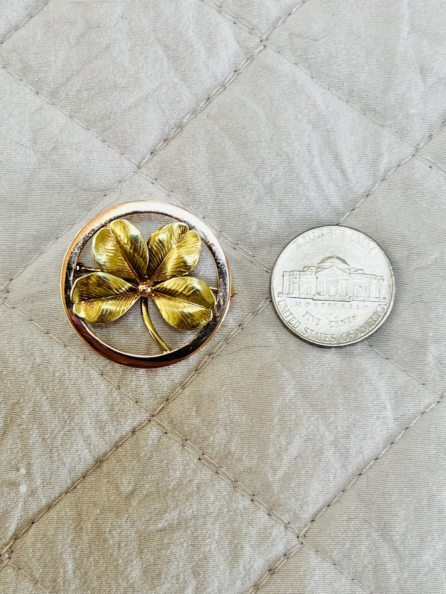 Vintage 14k Yellow Gold Four Leaf Clover Brooch: Good Luck Charm, 1950's