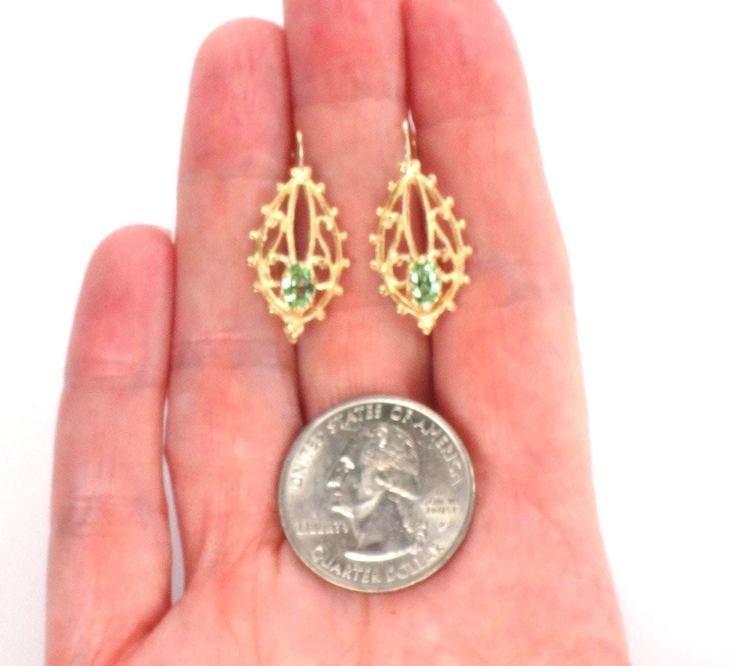 14k Green Stone Dangle Earrings - Vintage Airy Yellow Gold Filigree Style with Locking Wires - Circa 1990's