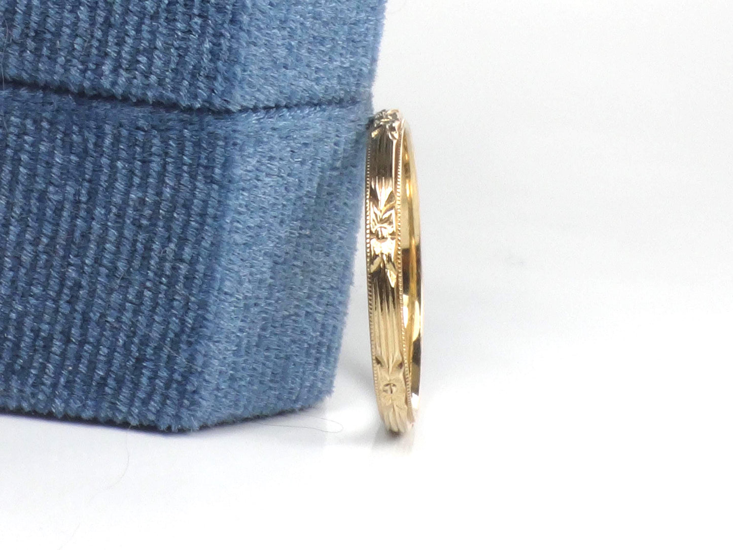Thin 14k Floral Wedding Band - Art Deco Yellow Gold Orange Blossom Engraved Ring - Vintage Stacking Style - Size 7.5 - Circa 1940