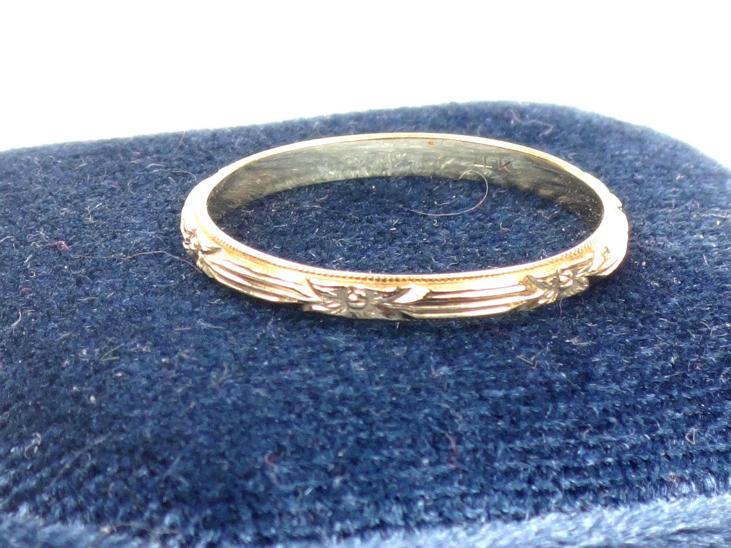 Thin 14k Floral Wedding Band - Art Deco Yellow Gold Orange Blossom Engraved Ring - Vintage Stacking Style - Size 7.5 - Circa 1940