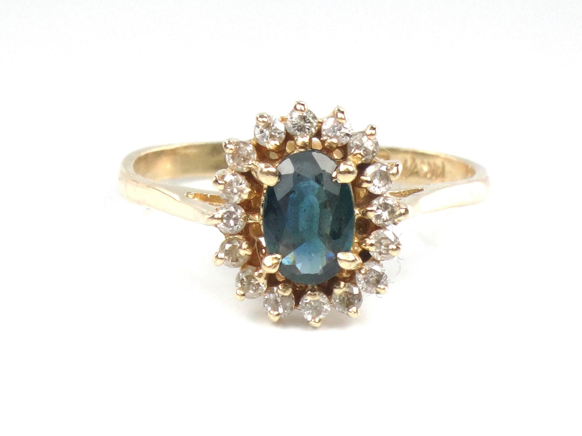 Vintage 14k Yellow Gold Sapphire Diamond Halo Ring - September Birthstone - Size 6.75