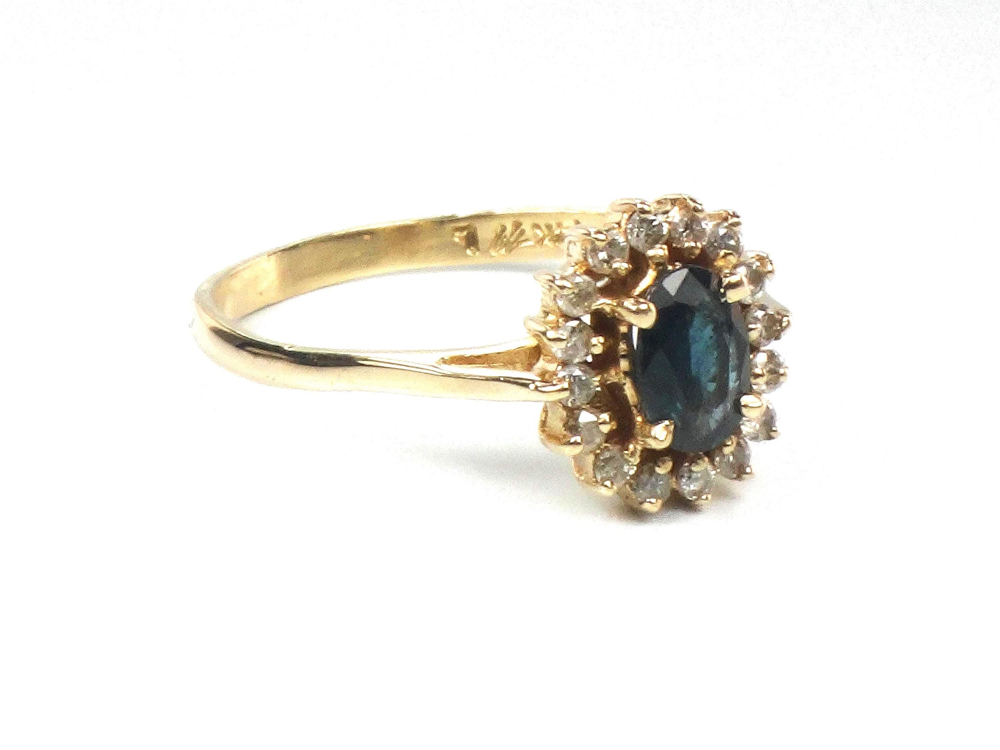 Vintage 14k Yellow Gold Sapphire Diamond Halo Ring - September Birthstone - Size 6.75
