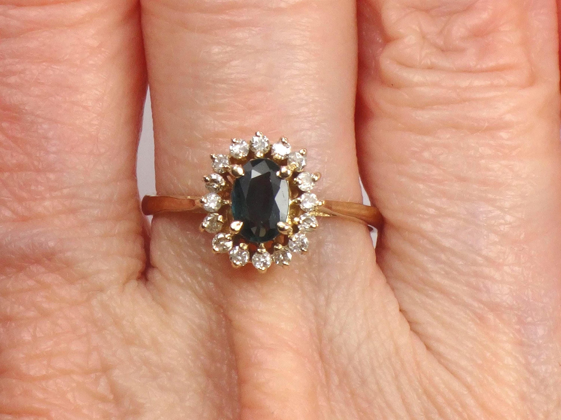 Vintage 14k Yellow Gold Sapphire Diamond Halo Ring - September Birthstone - Size 6.75