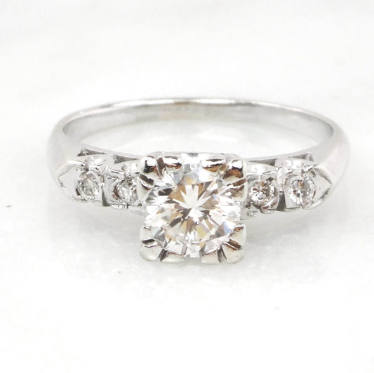 Vintage 14k White Gold Engagement Ring - Natural Round Brilliant Diamond Approximately .60 Carats TDW - Circa 1950's